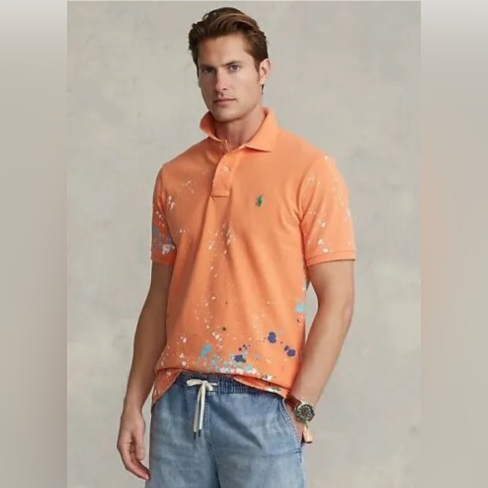 NWT Polo Ralph Lauren Distressed Repaired Paint-Splatter Polo Shirt - Orange